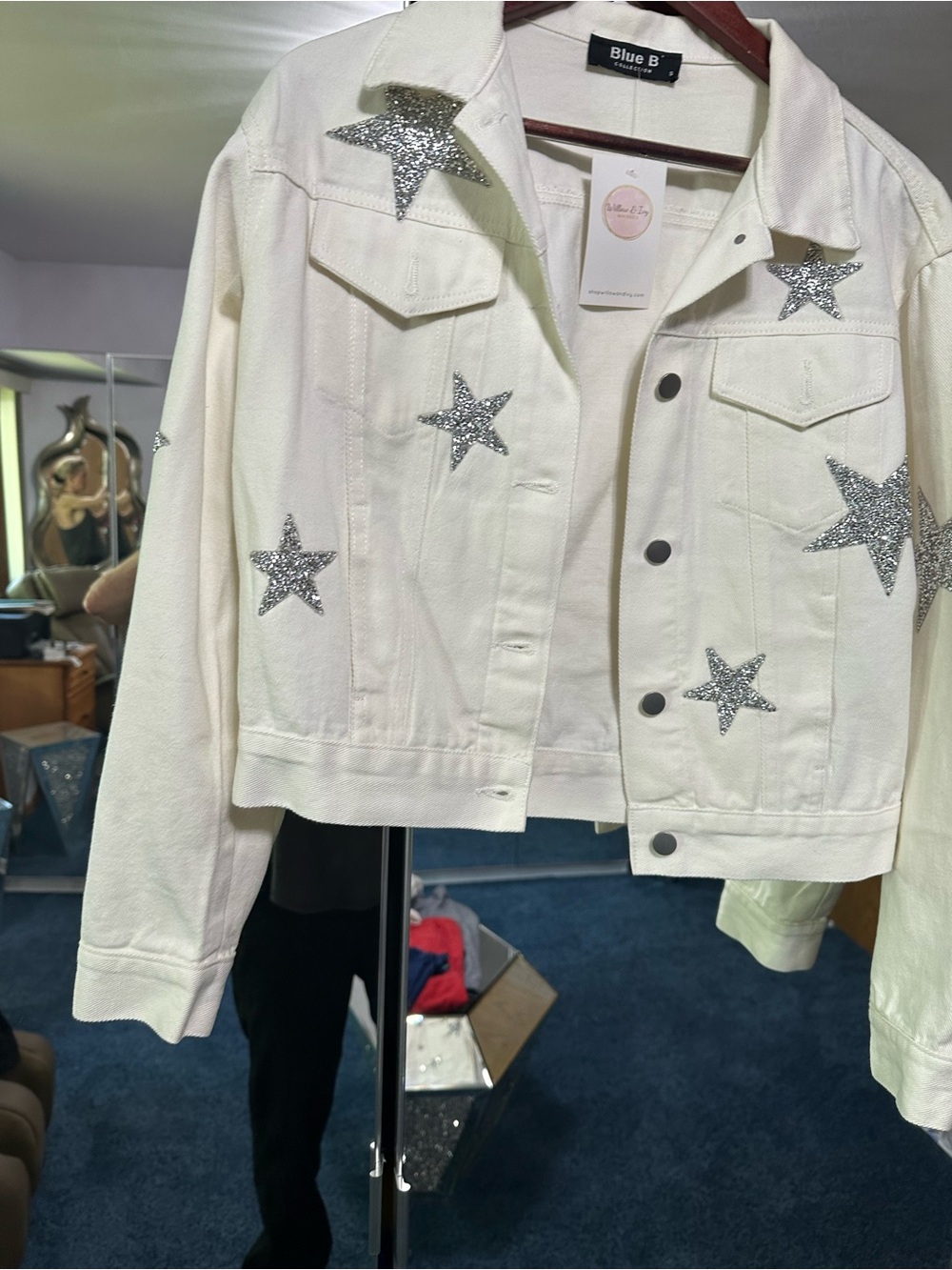Blue B White Star-Embellished Cropped Denim Jacket